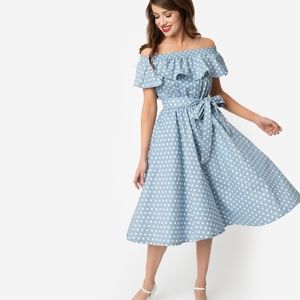 Unique Vintage Polka Dot Off Shoulder Swing Dress